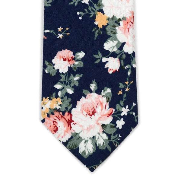 Navy Floral Cotton Men's Skinny Tie - Blushes & Blooms