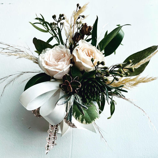 White Spray Rose Corsage With Succulent