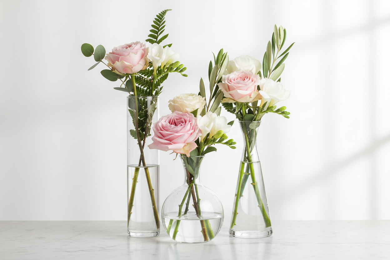 3 CLEAR BUD VASES WITH FLORAL AND GREENS