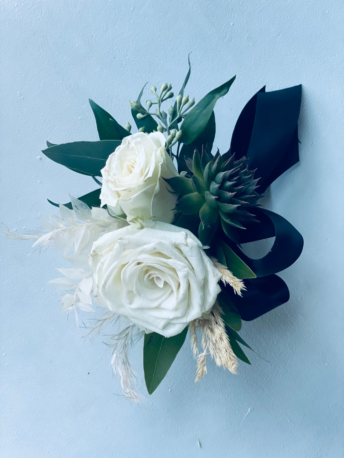 White Spray Rose Corsage With Succulent