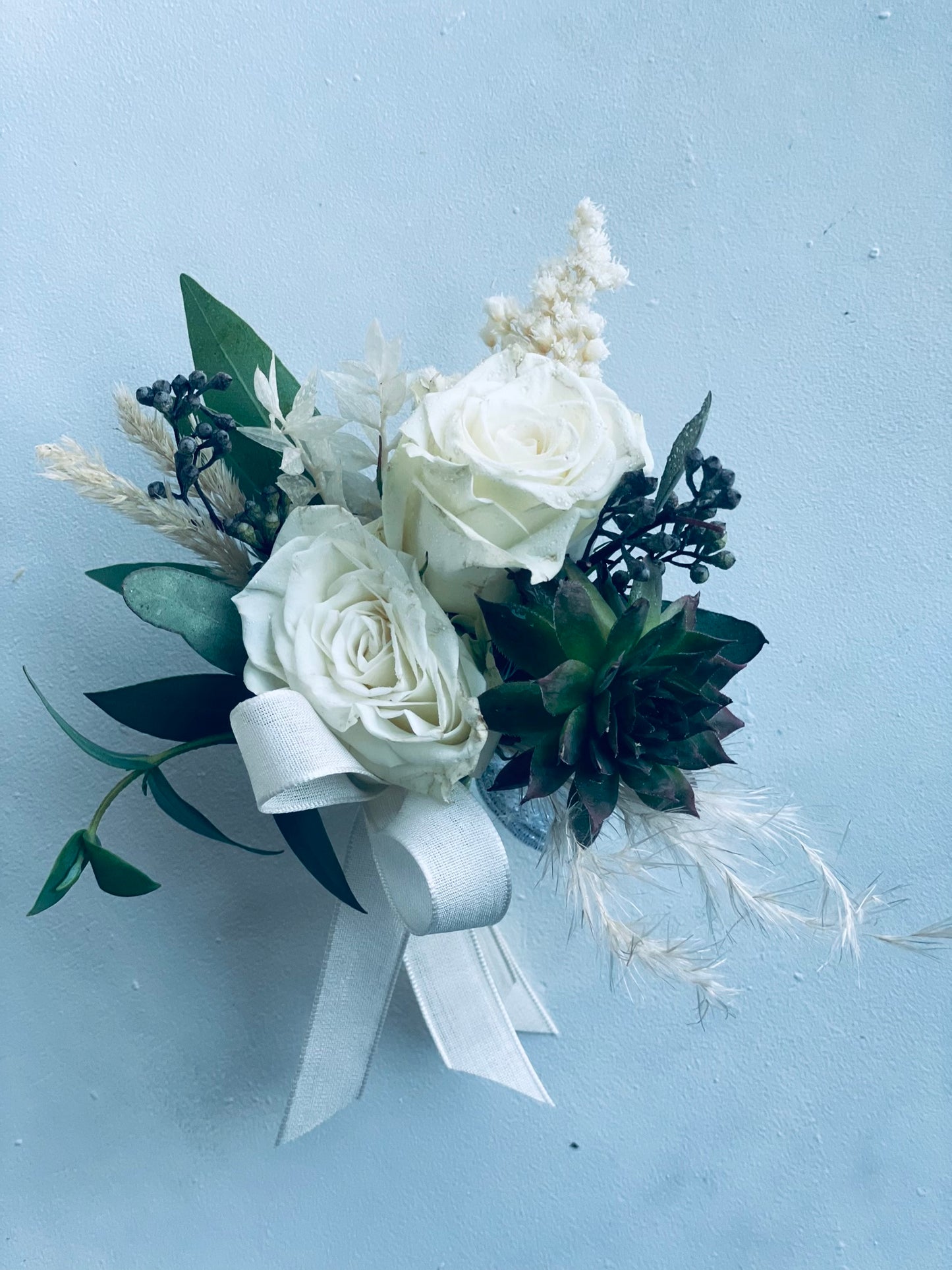 White Spray Rose Corsage With Succulent
