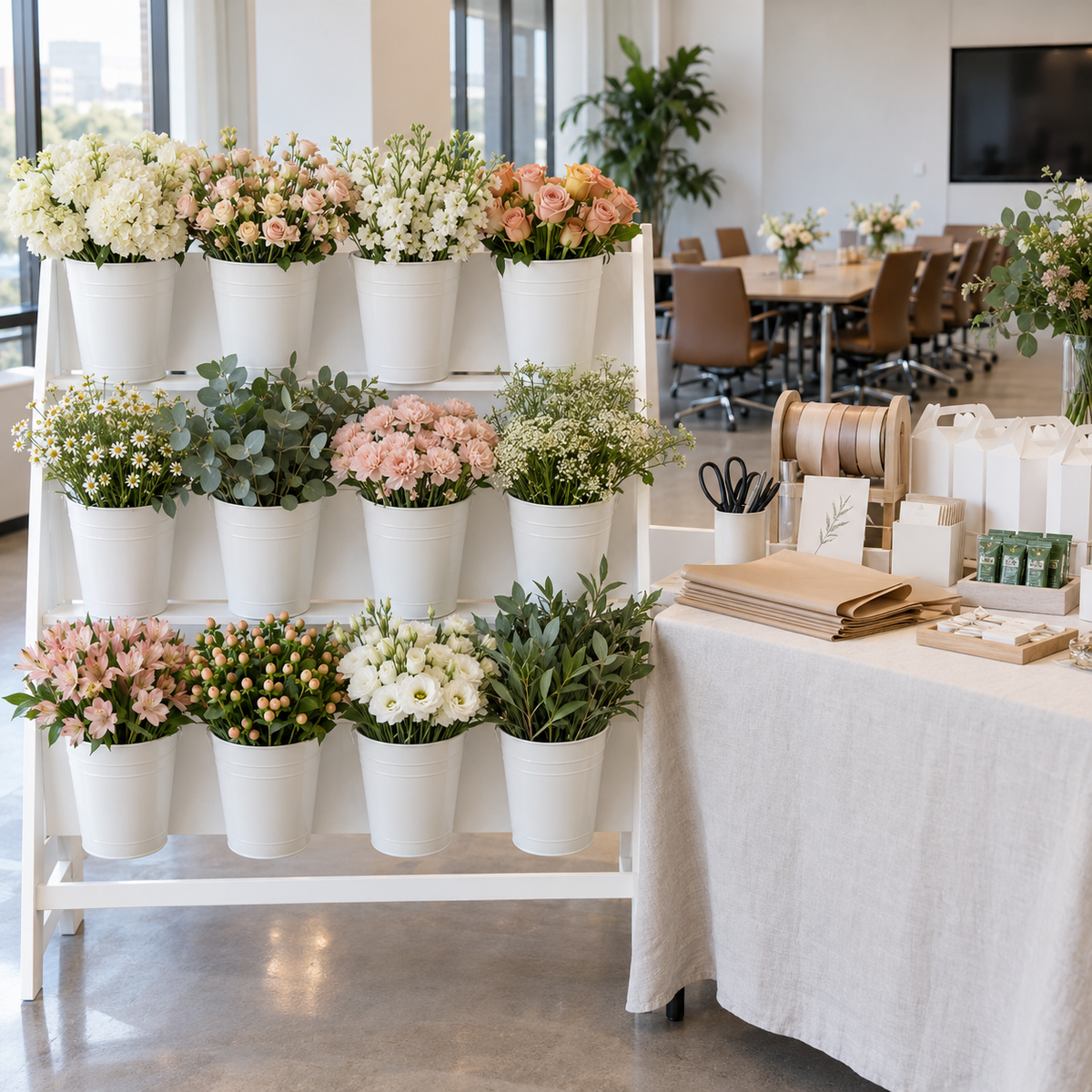 Blooms Bundle flower bar styled for a corporate team-building event
