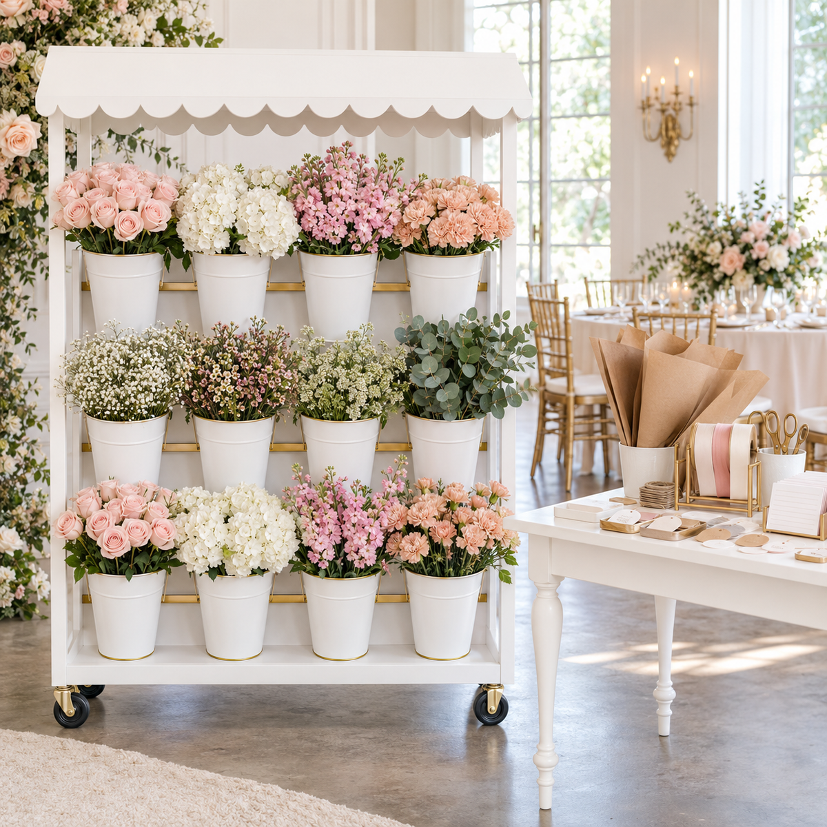 Blooms Bundle flower bar styled for an elegant bridal or baby shower