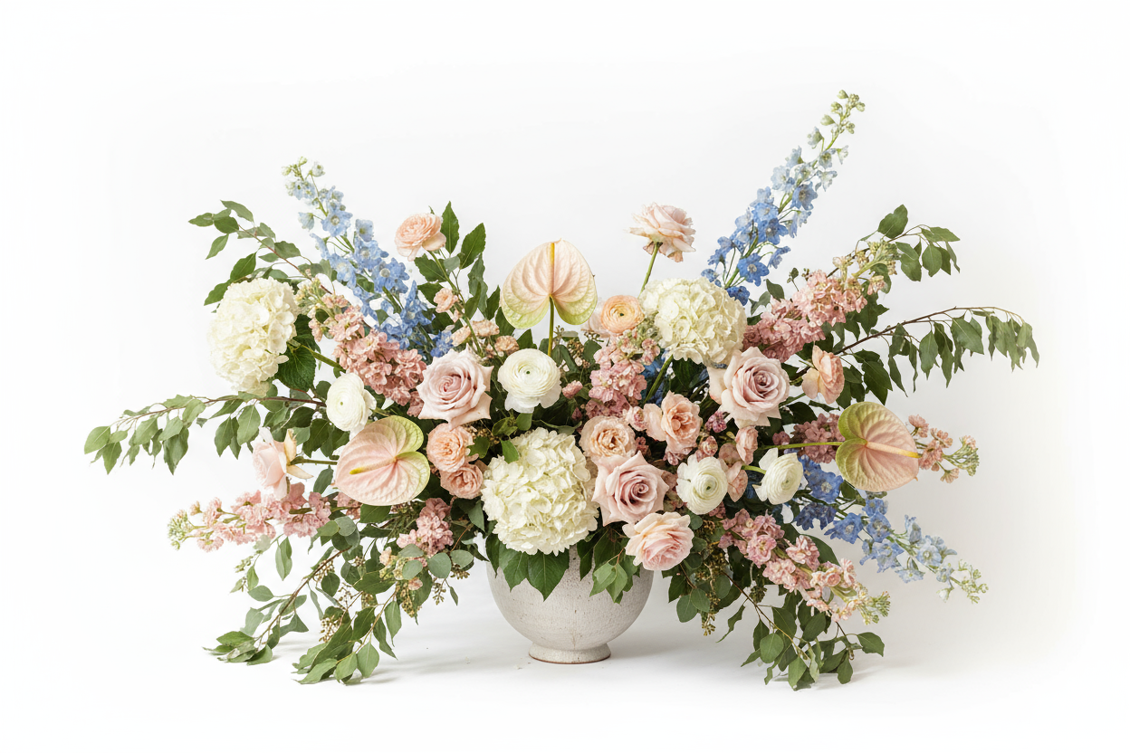 I want a very loose natural shape and lets add some peach stock and blue delphinium and some bay and eucalyptus. lets make the hydrangea white