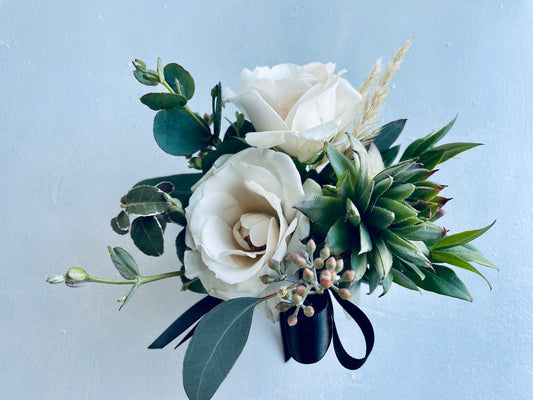White Spray Rose Corsage With Succulent