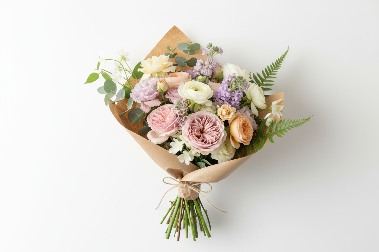 look at the wrapped bouquets on foxglove flowers and make me a petite, small, medium large loose natural wrapped bouquet with white backgrounds that look similar to foxflove