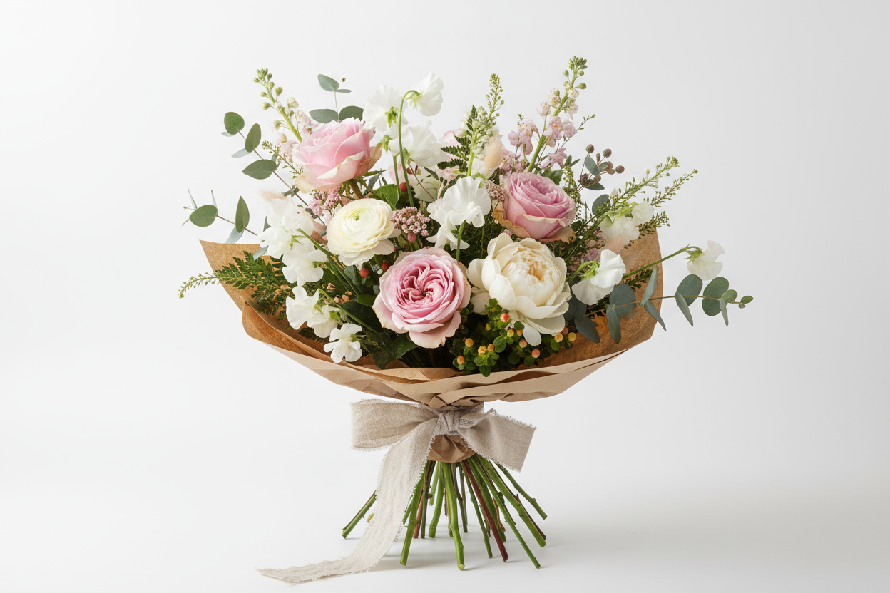 loose natural wrapped bouquet with white background