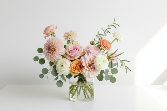 make a little more loose and natural with dahalias, roses, ranunculus, silver dollar and italian ruscus