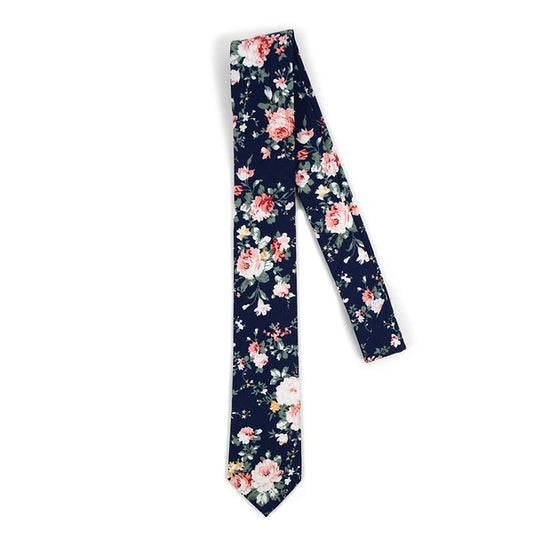 Navy Floral Cotton Men's Skinny Tie - Blushes & Blooms