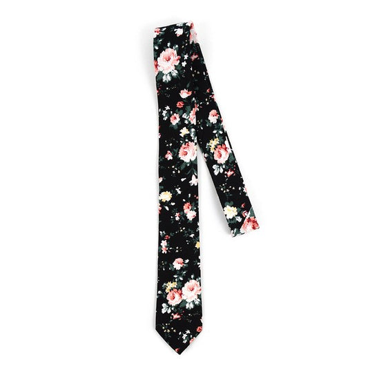 Black Floral Cotton Men's Skinny Tie - Blushes & Blooms