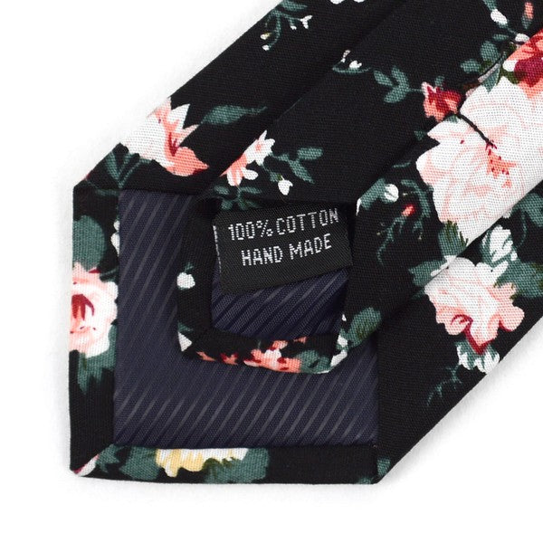 Black Floral Cotton Men's Skinny Tie - Blushes & Blooms