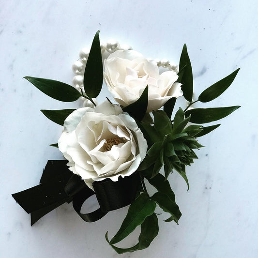 White Spray Rose Corsage With Succulent - Blushes & Blooms