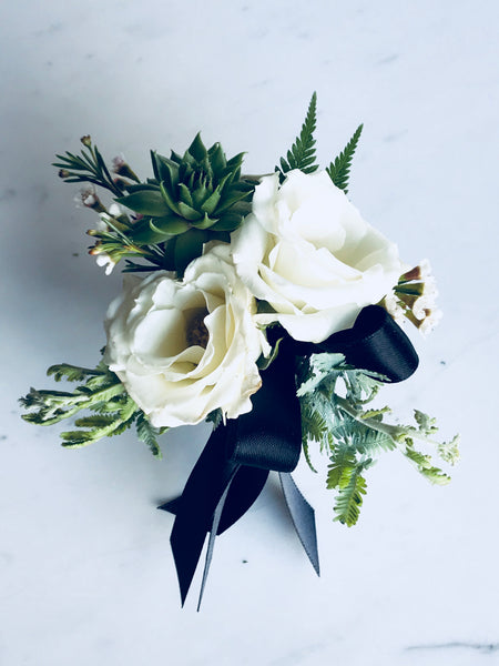 White Spray Rose Corsage With Succulent - Blushes & Blooms