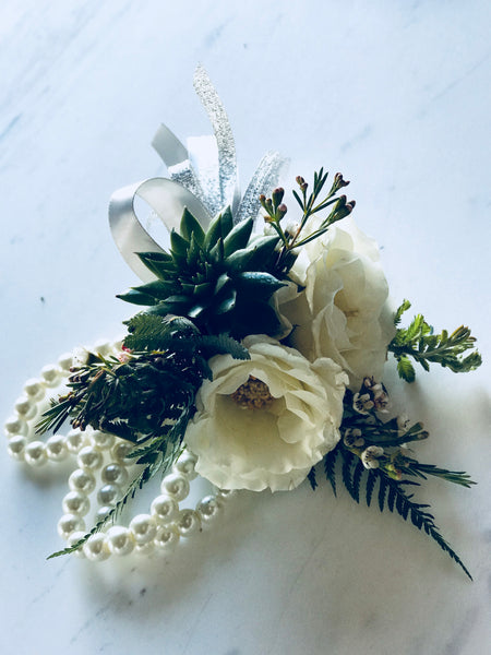 White Spray Rose Corsage With Succulent - Blushes & Blooms